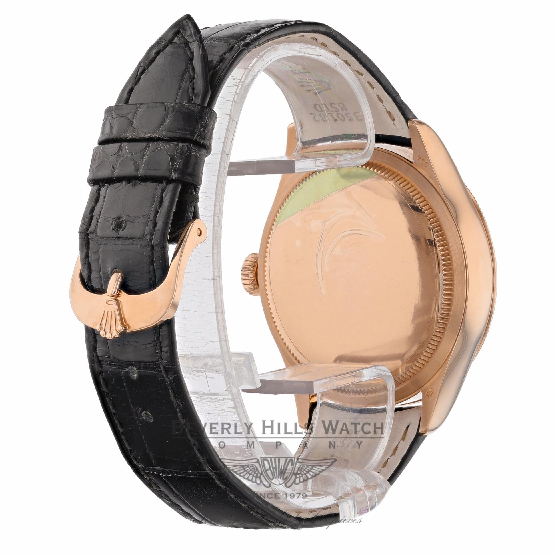 Rolex Cellini Date 39MM Everrose Domed Fluted Double Bezel Silver Guilloche Dial Black Strap 50515 CZ83Q9 - Beverly Hills Watch Company