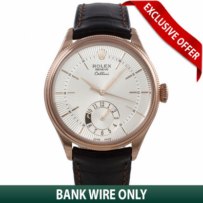 Rolex Cellini Dual Time 39MM 18k Rose Gold Domed and Fluted Bezel Silver Dial 50525 N194RL - Beverly Hills Watch Company Watch Store