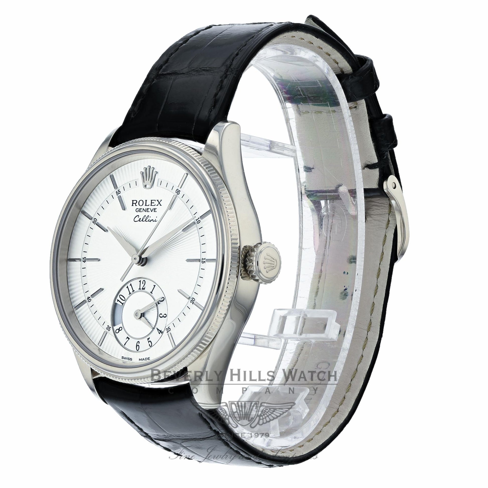 Rolex Cellini Dual Time 39MM 18k White Gold Silver Dial 50529 LUEKEM - Beverly Hills Watch Company Watch Store