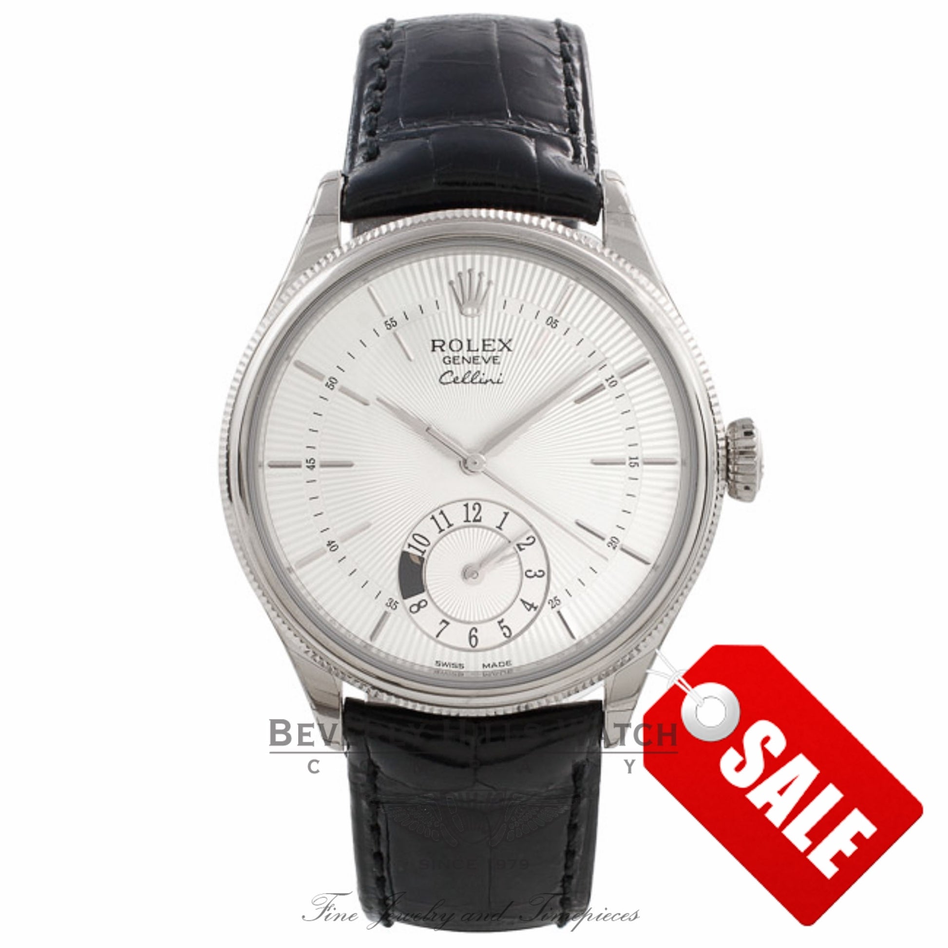 Rolex Cellini Dual Time 39MM 18k White Gold Silver Dial 50529 LUEKEM - Beverly Hills Watch Company Watch Store
