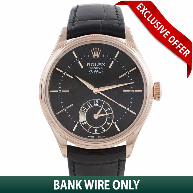 Rolex Cellini Dual Time 39MM 18k Rose Gold Domed and Fluted Bezel Black Dial 50525 FTM36X - Beverly Hills Watch Company Watch Store