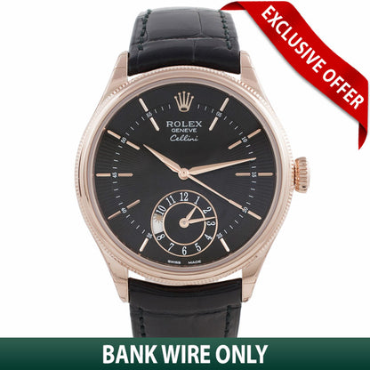 Rolex Cellini Dual Time 39MM 18k Rose Gold Domed and Fluted Bezel Black Dial 50525 FTM36X - Beverly Hills Watch Company Watch Store