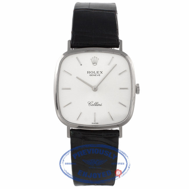 Rolex Cellini 18kt White Gold Silver Dial Black Shiny Alligator Strap 4114 ZRFKJA - Beverly Hills Watch Store