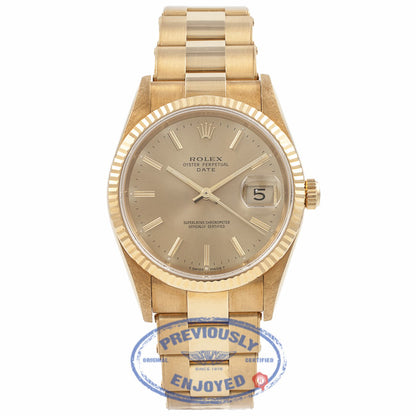 Rolex Date 18k Yellow Gold Fluted Bezel Champagne Stick Dial 15238 FTQ3BM - Beverly Hills Watch Company Watch Store