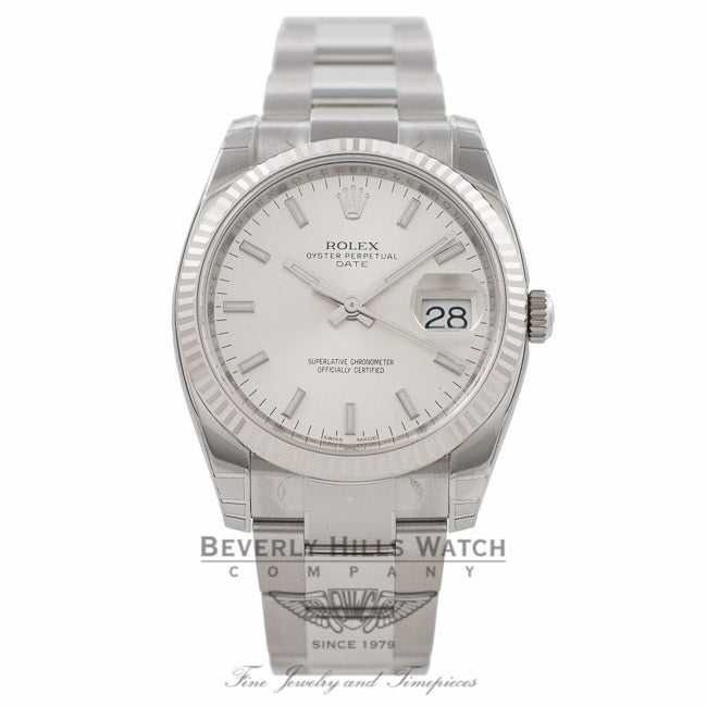 Rolex Oyster Perpetual Date 34mm 18k White Gold Fluted Bezel Silver Dial 115234 4XJGVE - Beverly Hills Watch Company Watch Store
