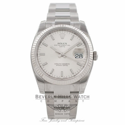 Rolex Oyster Perpetual Date 34mm 18k White Gold Fluted Bezel Silver Dial 115234 4XJGVE - Beverly Hills Watch Company Watch Store