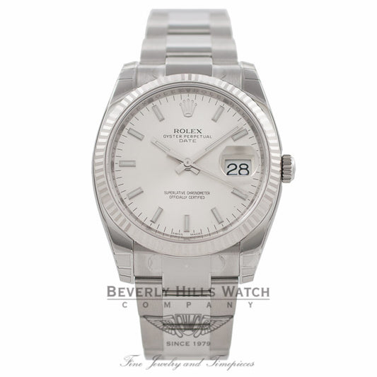 Rolex Oyster Perpetual Date 34mm 18k White Gold Fluted Bezel Silver Dial 115234 4XJGVE - Beverly Hills Watch Company Watch Store