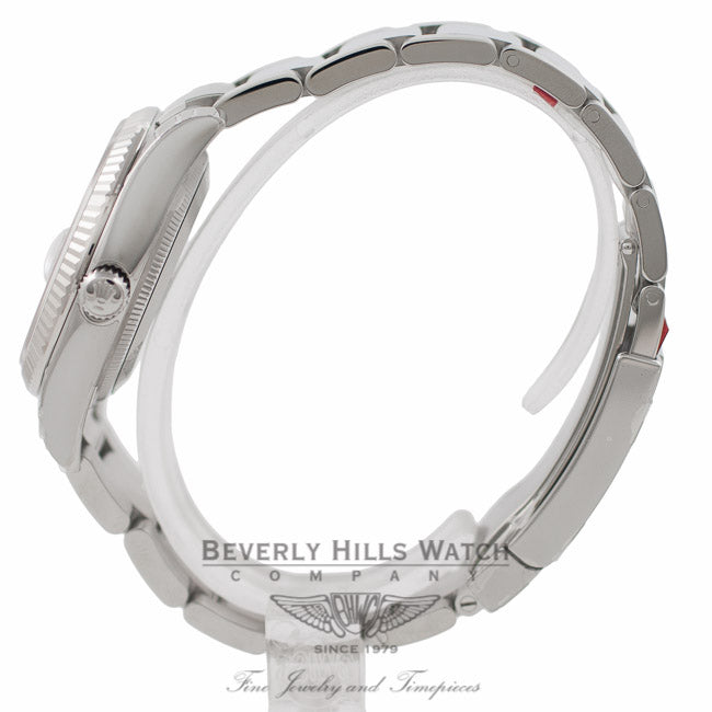Rolex Oyster Perpetual Date 34mm 18k White Gold Fluted Bezel Silver Dial 115234 4XJGVE - Beverly Hills Watch Company Watch Store