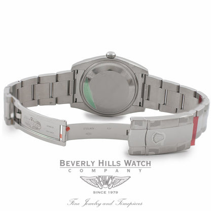 Rolex Oyster Perpetual Date 34mm 18k White Gold Fluted Bezel Silver Dial 115234 4XJGVE - Beverly Hills Watch Company Watch Store