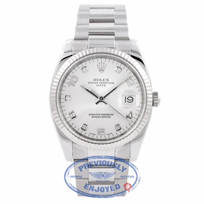 Rolex Date 34MM Stainless Steel 18k White Gold Fluted Bezel Silver Diamond Dial 115234 Z1V4IG - Beverly Hills Watch Company Watch Store