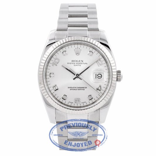 Rolex Date 34MM Stainless Steel 18k White Gold Fluted Bezel Silver Diamond Dial 115234 Z1V4IG - Beverly Hills Watch Company Watch Store