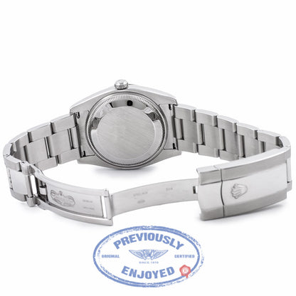 Rolex Date 34MM Stainless Steel 18k White Gold Fluted Bezel Silver Diamond Dial 115234 Z1V4IG - Beverly Hills Watch Company Watch Store