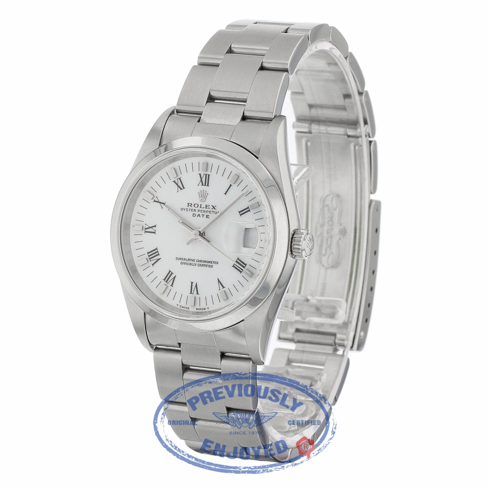 Rolex Date 34mm Stainless Steel Oyster Bracelet White Roman Numerals Dial 15200 27X29K - Beverly Hills Watch Company