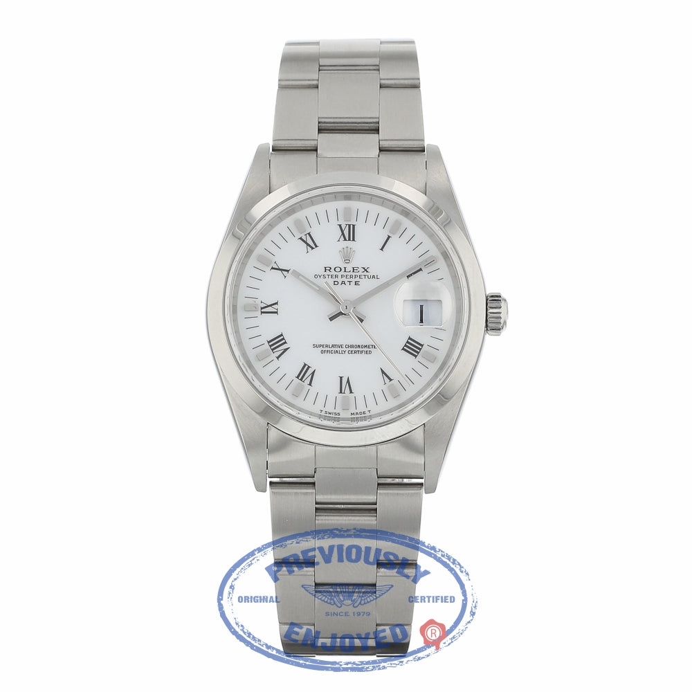Rolex Date 34mm Stainless Steel Oyster Bracelet White Roman Numerals Dial 15200 27X29K - Beverly Hills Watch Company