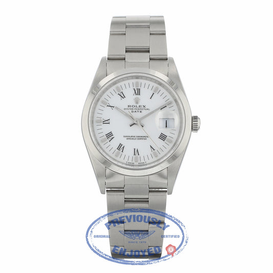 Rolex Date 34mm Stainless Steel Oyster Bracelet White Roman Numerals Dial 15200 27X29K - Beverly Hills Watch Company