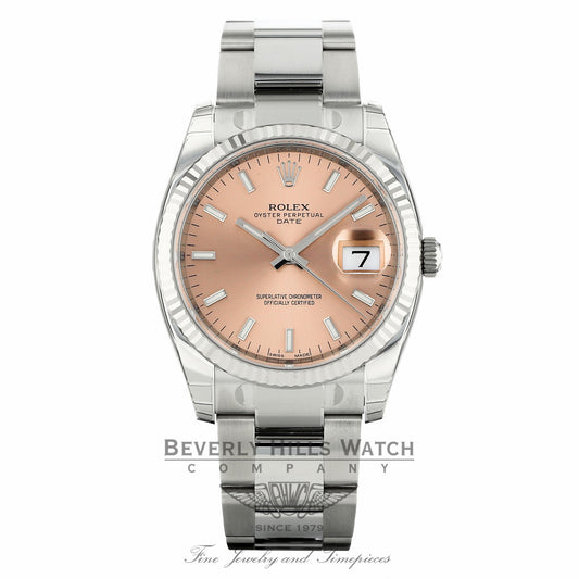 Rolex Oyster Perpetual Date 34mm 18k White Gold Fluted Bezel Pink Dial 115234 EQMN0Z - Beverly Hills Watch Company