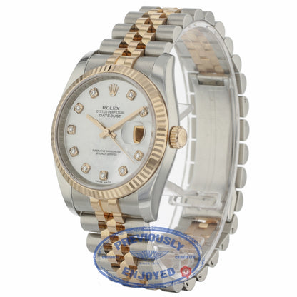 Rolex Datejust 36mm Stainless Steel and Rose Gold Mother of Pearl Diamond Dial 116231 DZH0JT - Beverly Hills Watch Company
