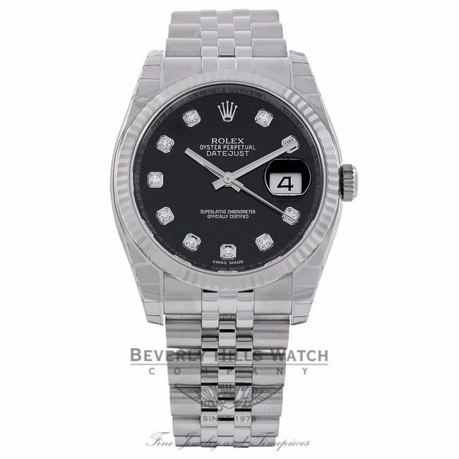 Rolex Datejust 36mm Stainless Steel White Gold Fluted Bezel Black Diamond Dial 116234 YEXHPV - Beverly Hills Watch Company