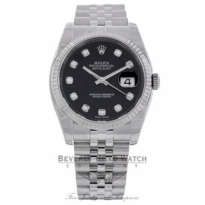 Rolex Datejust 36mm Stainless Steel White Gold Fluted Bezel Black Diamond Dial 116234 YEXHPV - Beverly Hills Watch Company