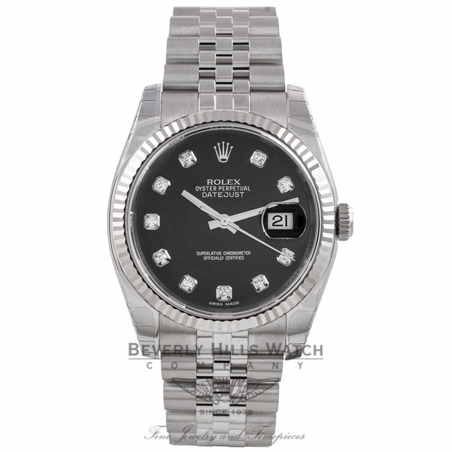 Rolex Datejust 36mm Stainless Steel White Gold Fluted Bezel Black Diamond Dial 116234 YEXHPV- Beverly Hills Watch Company Watch Store