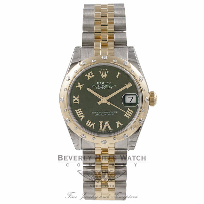 Rolex Oyster Date-Just Yellow Gold Stainless Steel Diamond Bezel Green Dial 178343 ZDXQCP - Beverly Hills Watch Store