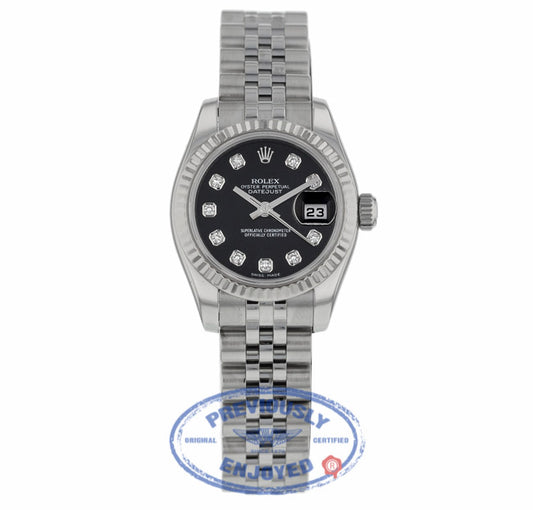 Rolex Lady Datejust 26mm Stainless Steel Jubilee Black Diamond Dial White Gold Fluted Bezel 179174 6W9MRK - Beverly Hills Watch Company