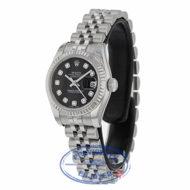 Rolex Lady Datejust 26mm Stainless Steel Jubilee Black Diamond Dial White Gold Fluted Bezel 179174 6W9MRK - Beverly Hills Watch Company