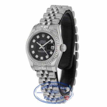 Rolex Lady Datejust 26mm Stainless Steel Jubilee Black Diamond Dial White Gold Fluted Bezel 179174 6W9MRK - Beverly Hills Watch Company