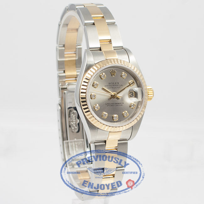 Rolex Datejust 26mm Stainless Steel and Yellow Gold Oyster Bracelet Fluted Bezel Silver Diamond Dial Ladies Watch 79173 Beverly Hills Watch Company Watch Store