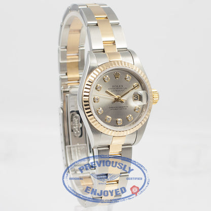 Rolex Datejust 26mm Stainless Steel and Yellow Gold Oyster Bracelet Fluted Bezel Silver Diamond Dial Ladies Watch 79173 Beverly Hills Watch Company Watch Store
