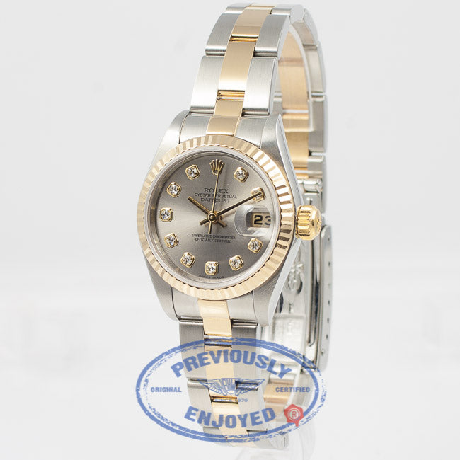Rolex Datejust 26mm Stainless Steel and Yellow Gold Oyster Bracelet Fluted Bezel Silver Diamond Dial Ladies Watch 79173 Beverly Hills Watch Company Watch Store