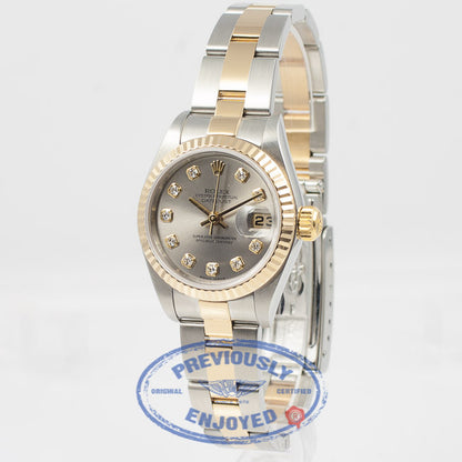 Rolex Datejust 26mm Stainless Steel and Yellow Gold Oyster Bracelet Fluted Bezel Silver Diamond Dial Ladies Watch 79173 Beverly Hills Watch Company Watch Store