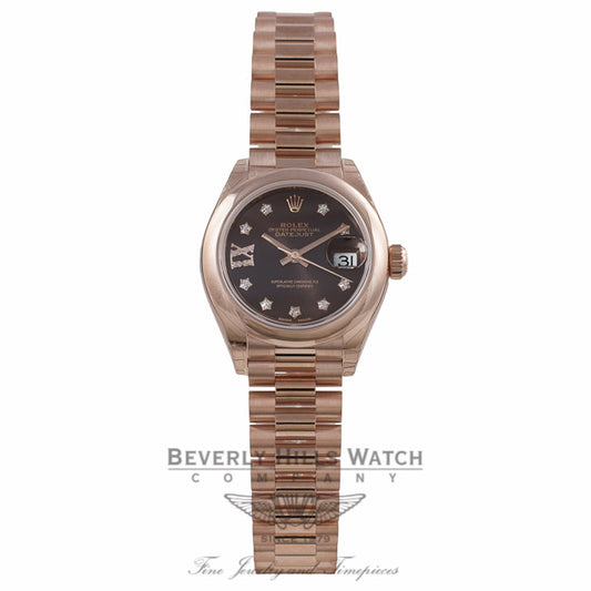 Rolex Datejust 28MM 18k Rose Gold Domed Bezel Chocolate Dial Diamond Star Markings President Bracelet 279165 Q8NZLP - Beverly Hills Watch Company Watch Store