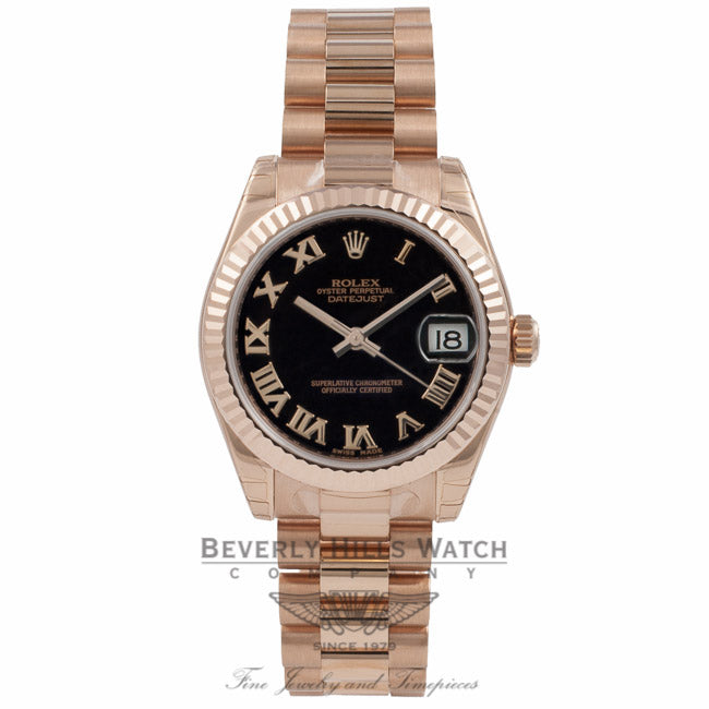 Rolex Datejust 18k Rose Gold President Bracelet Fluted Bezel Black Dial 178275 YVNHMC - Beverly Hills Watch Company Watch Store