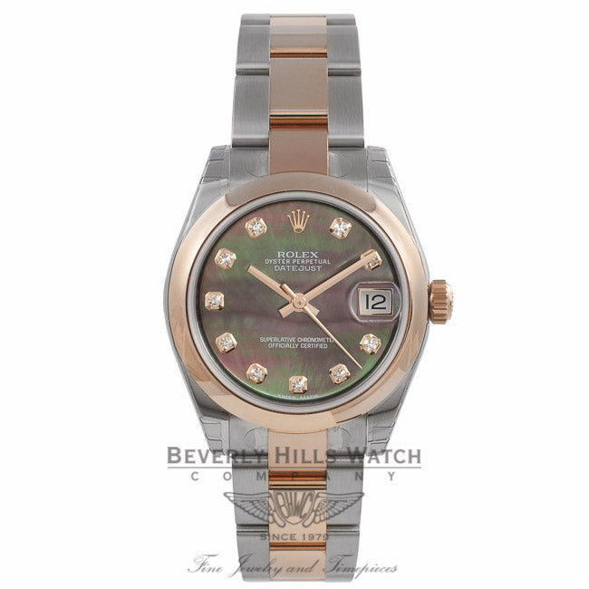 Rolex DateJust 31mm Rose Gold and Steel Black Mother of Pearl Diamond Dial 178241 UDM466 - Beverly Hills Watch Store