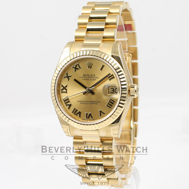 Rolex Datejust 31mm 18K Yellow Gold President Bracelet Fluted Bezel Champagne Roman Numeral Dial Watch 178278 Beverly Hills Watch Company Watches