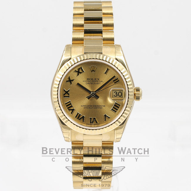 Rolex Datejust 31mm 18K Yellow Gold President Bracelet Fluted Bezel Champagne Roman Numeral Dial Watch 178278 Beverly Hills Watch Company Watches