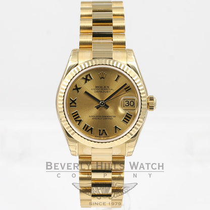 Rolex Datejust 31mm 18K Yellow Gold President Bracelet Fluted Bezel Champagne Roman Numeral Dial Watch 178278 Beverly Hills Watch Company Watches