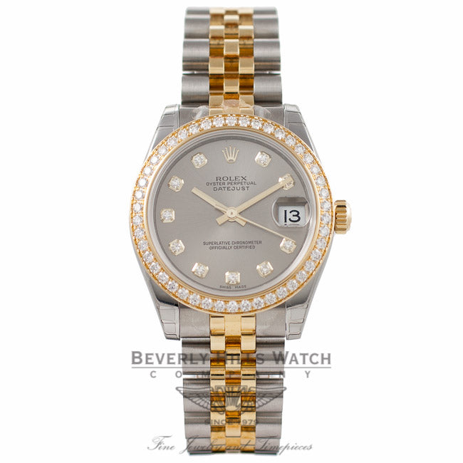 Rolex Datejust 31MM 18k Yellow Gold Stainless Steel Diamond Bezel Silver Diamond Dial 178383 - Beverly Hills Watch Company Watch Store