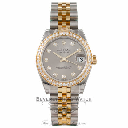 Rolex Datejust 31MM 18k Yellow Gold Stainless Steel Diamond Bezel Silver Diamond Dial 178383 - Beverly Hills Watch Company Watch Store