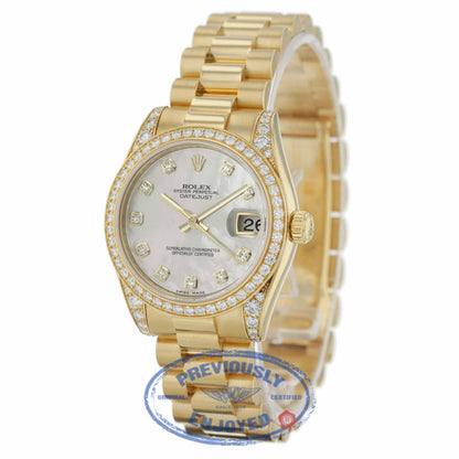 Rolex DateJust 18k Yellow Gold Diamond Bezel & Case White Mother of Pearl Diamond Dial 31MM 178158 CVT1WT - Beverly Hills Watch Company