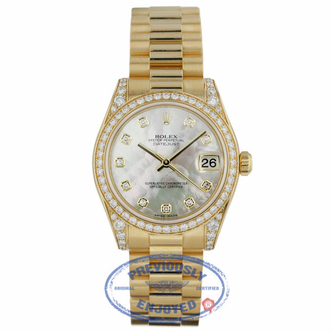 Rolex DateJust 18k Yellow Gold Diamond Bezel & Case White Mother of Pearl Diamond Dial 31MM 178158 CVT1WT - Beverly Hills Watch Company