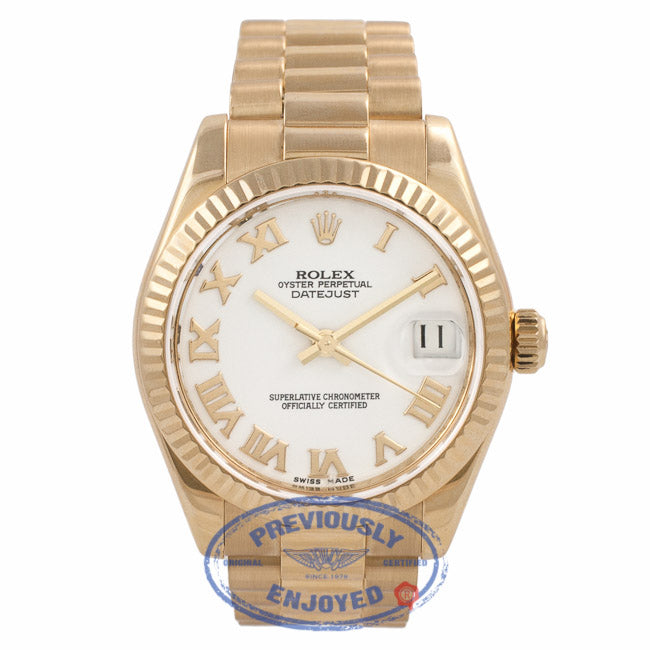 Rolex Datejust 31mm 18K Yellow Gold President Bracelet Fluted Bezel White Roman Numeral Dial Watch 178278 69HKD7 - Beverly Hills Watch Company Watch Store