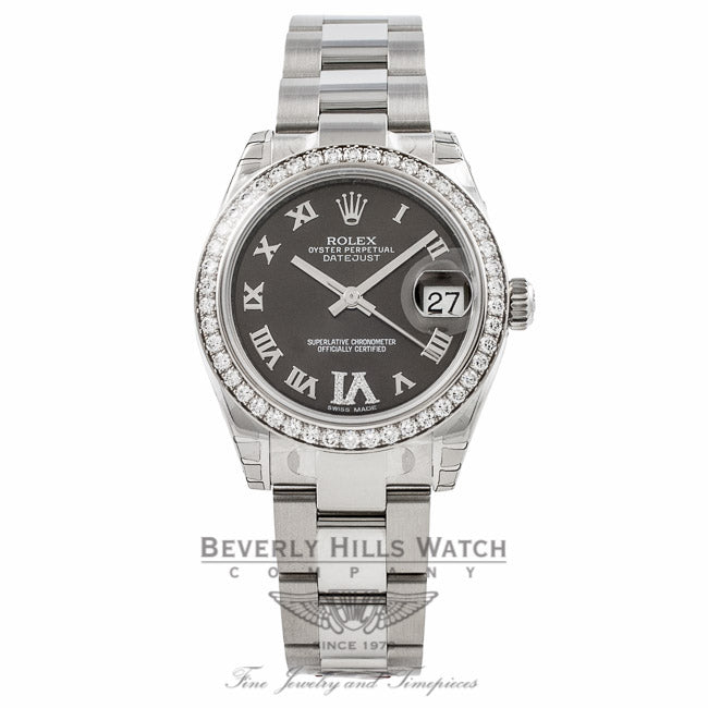 Rolex Datejust 31MM Stainless Steel Diamond Bezel Grey Diamond Roman Numeral Six 178384 - Beverly Hills Watch Company Watch Store