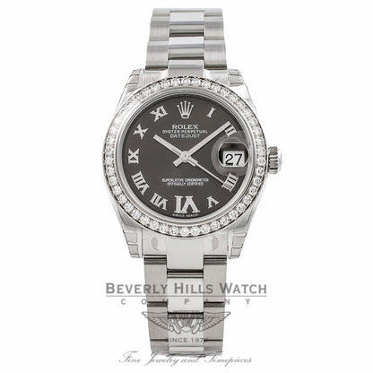 Rolex Datejust 31MM Stainless Steel Diamond Bezel Grey Diamond Roman Numeral Six 178384 - Beverly Hills Watch Company Watch Store