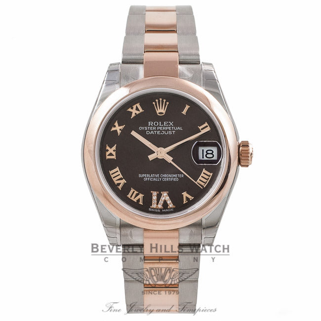 Rolex DateJust 31mm Rose Gold & Stainless Steel 18k Rose Gold Domed Bezel 11 Diamond Roman Numeral Markers Chocolate Dial 178241 F7UDHW - Beverly Hills Watch Company Watch Store