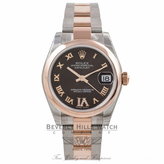 Rolex DateJust 31mm Rose Gold & Stainless Steel 18k Rose Gold Domed Bezel 11 Diamond Roman Numeral Markers Chocolate Dial 178241 F7UDHW - Beverly Hills Watch Company Watch Store