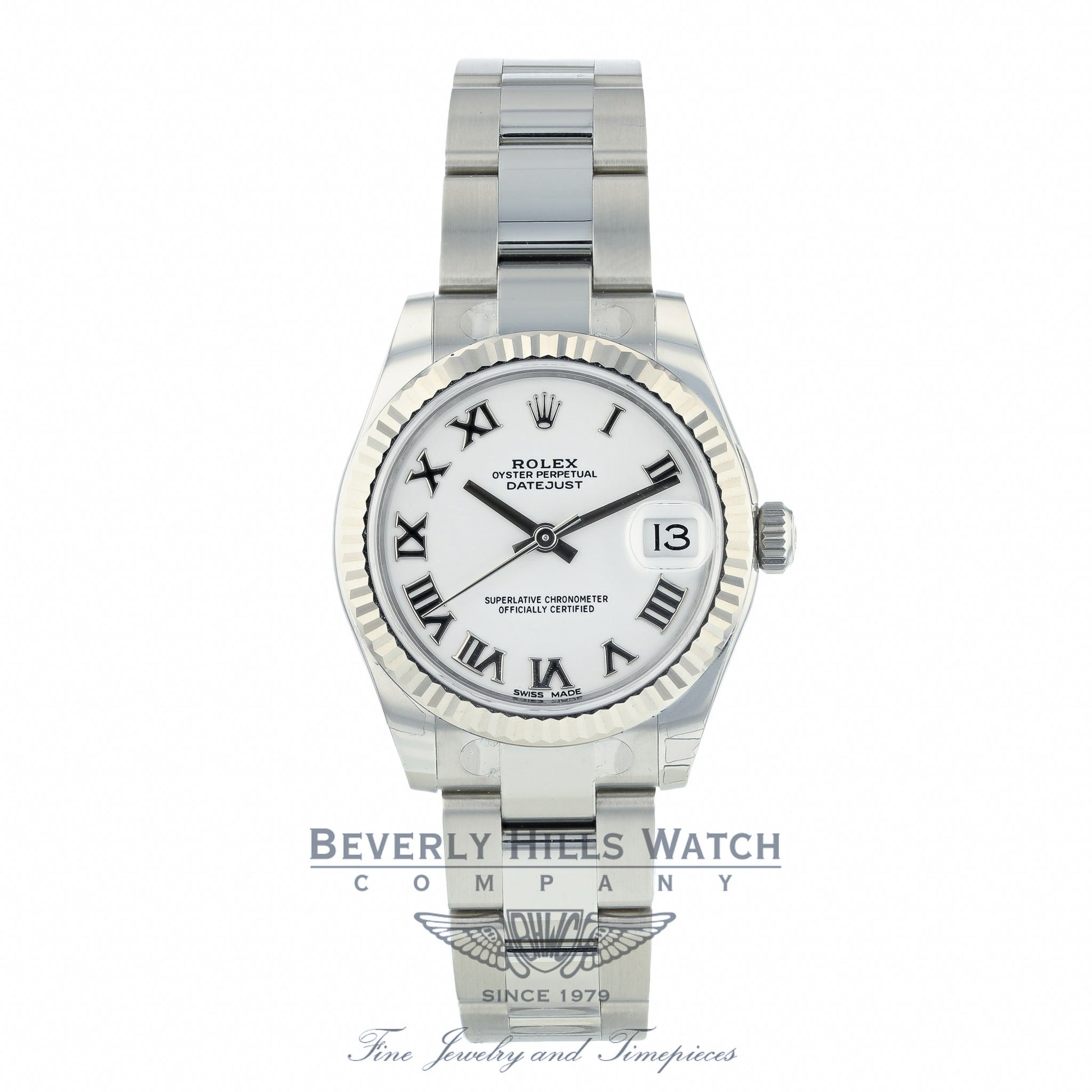 Rolex Datejust 31mm Stainless Steel White Gold Fluted Bezel White Dial Silver Roman 178274 KPNAF6 - Beverly Hills Watch Company