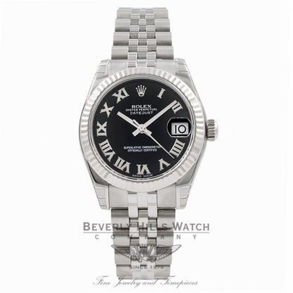 Rolex Datejust 31MM Stainless Steel Jubilee Bracelet 18K White Gold Fluted Bezel Black Roman Numeral Dial Ladies Watch 178274 Beverly Hills Watch Store