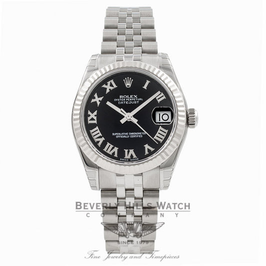 Rolex Datejust 31MM Stainless Steel Jubilee Bracelet 18K White Gold Fluted Bezel Black Roman Numeral Dial Ladies Watch 178274 Beverly Hills Watch Store